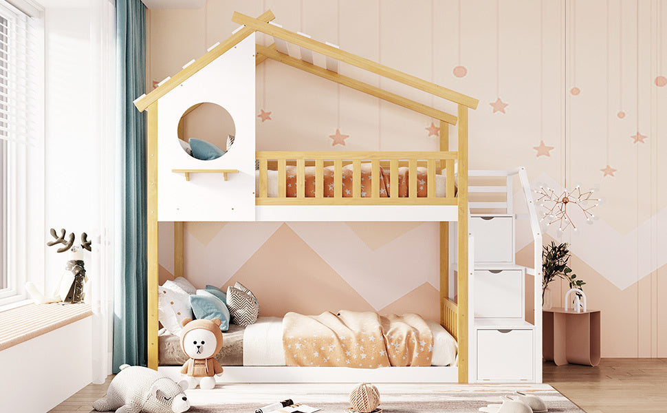 Stairway Twin-Over-Twin Bunk Bed,House Bed,Storage and Guard Rail,Natural Bed +White Stair(OLD SKU :LT000308AAK) - Atlantic Fine Furniture Melbourne FL