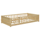 Twin size Floor Platform Bed with Built-in Book Storage Rack, Door,Natural