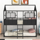 Twin over Twin Size Metal Low Bunk Beds with Roof and Fence-shaped Guardrail, Black
