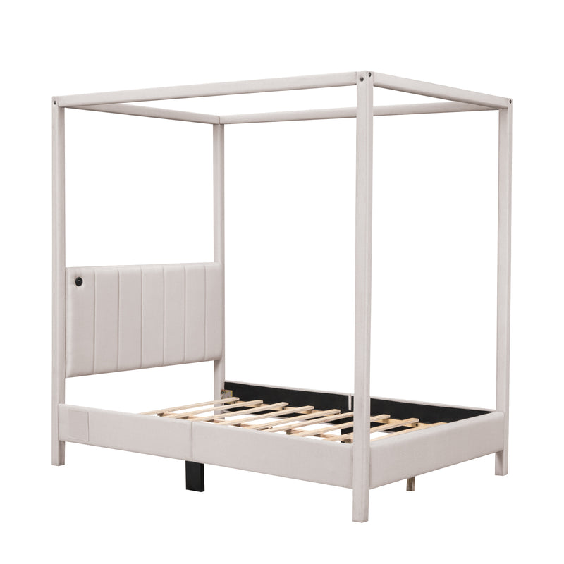 Full Size Canopy Platform Bed with USB and Type-C Ports, Canvas, Beige
