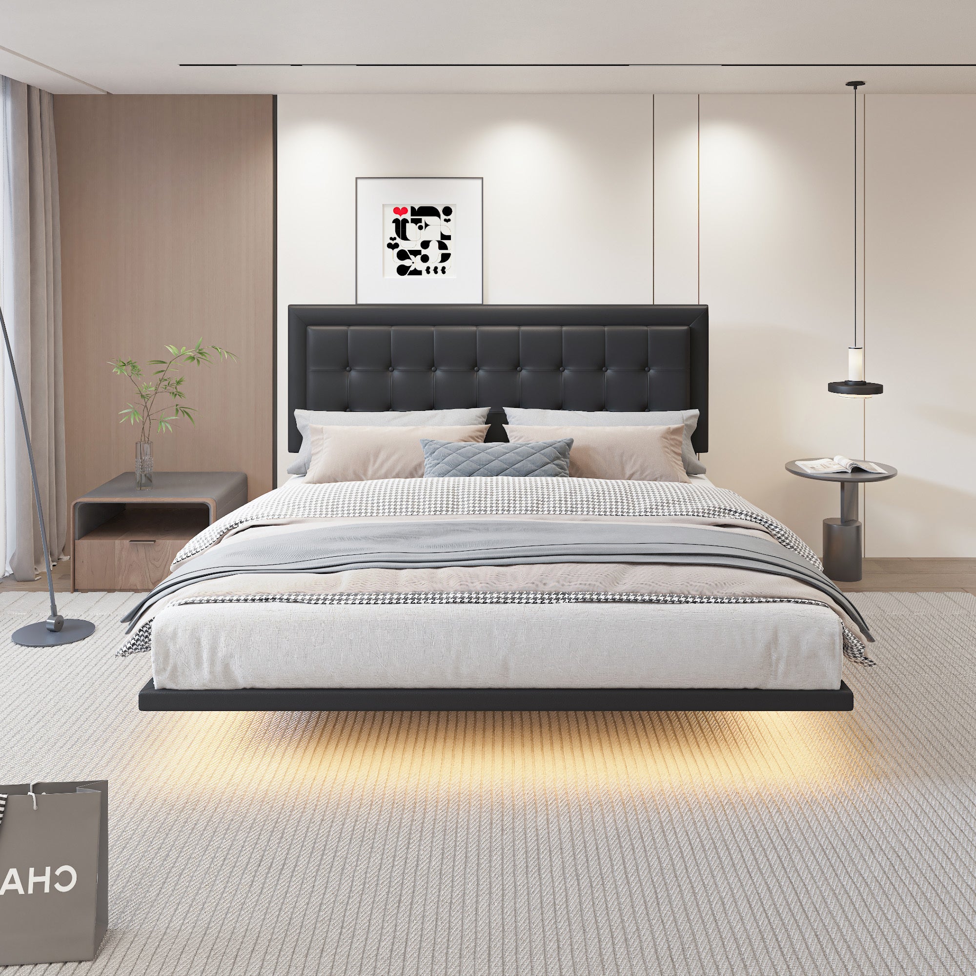 Queen Size Floating Bed Frame with Motion Activated Night Lights,Modern PU Upholstered Button Tufted Platform Bed Frame,Black - Atlantic Fine Furniture Melbourne FL