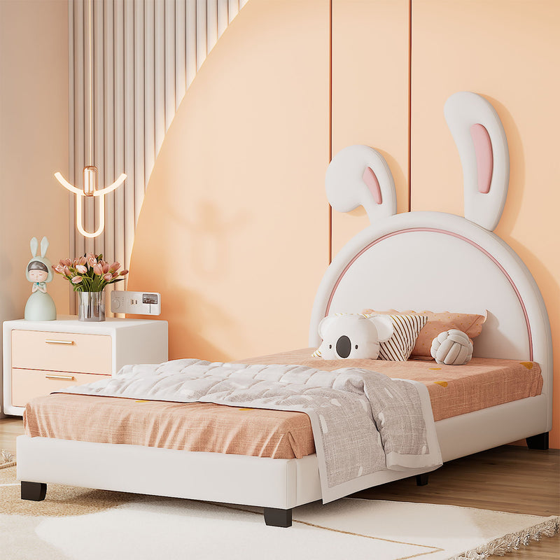 Upholstered Leather Platform Bed With Rabbit Ornament