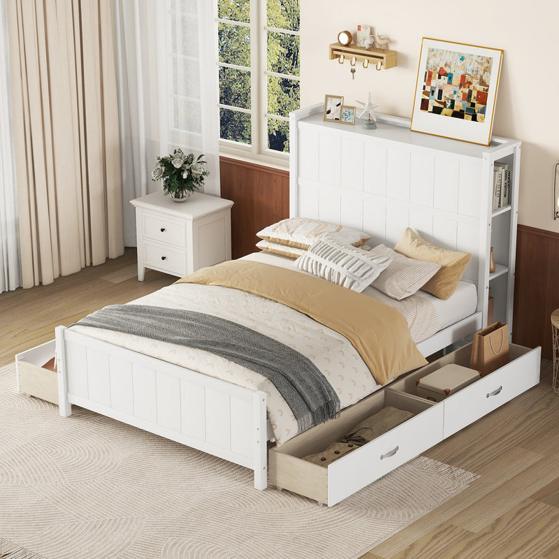 Full Size Platform Bed with Drawers and Storage Shelves, White