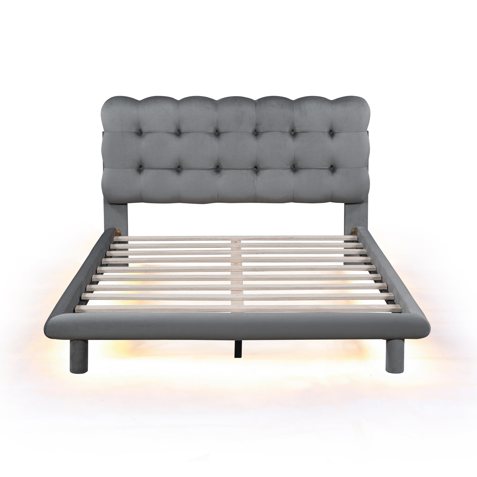 Full Size Velvet Platform Bed with LED Frame, Thick & Soft Fabric and Button-tufted Design Headboard, Gray - Atlantic Fine Furniture Melbourne FL