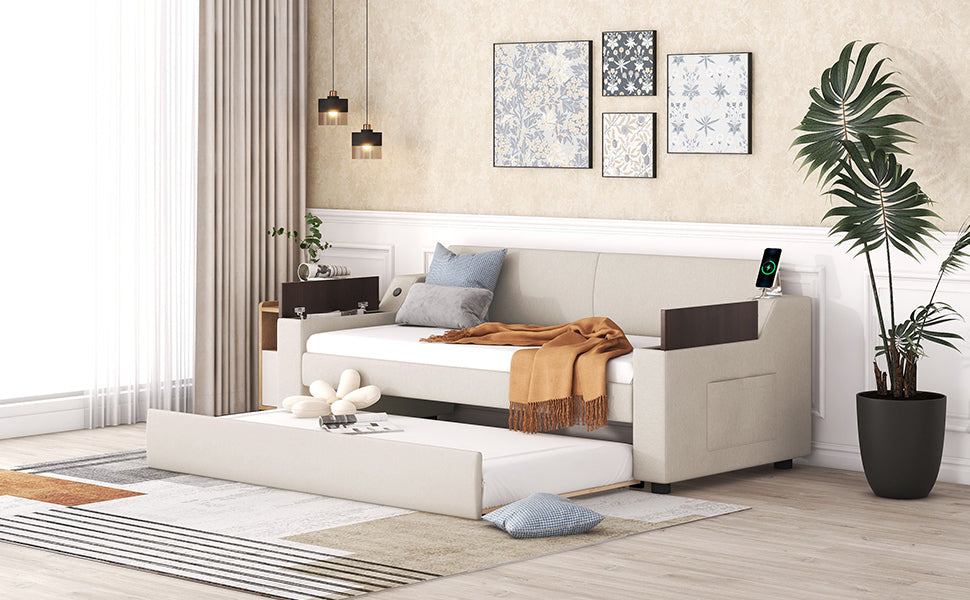 Twin Size Upholstery Daybed with Storage Arms, Trundle and USB Design, Beige - Atlantic Fine Furniture Melbourne FL