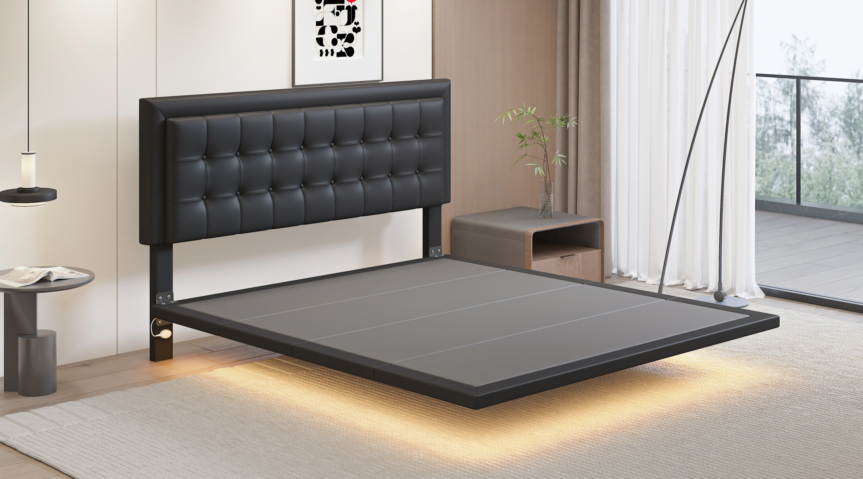 Queen Size Floating Bed Frame with Motion Activated Night Lights,Modern PU Upholstered Button Tufted Platform Bed Frame,Black - Atlantic Fine Furniture Melbourne FL