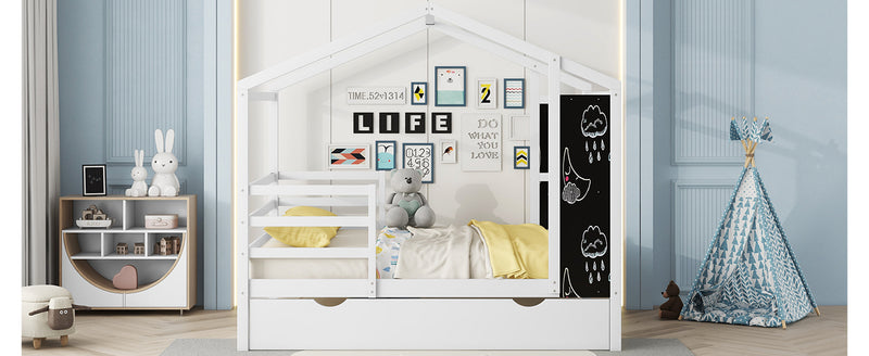 Full Size Wood House Bed with Fence and Writing Board, White