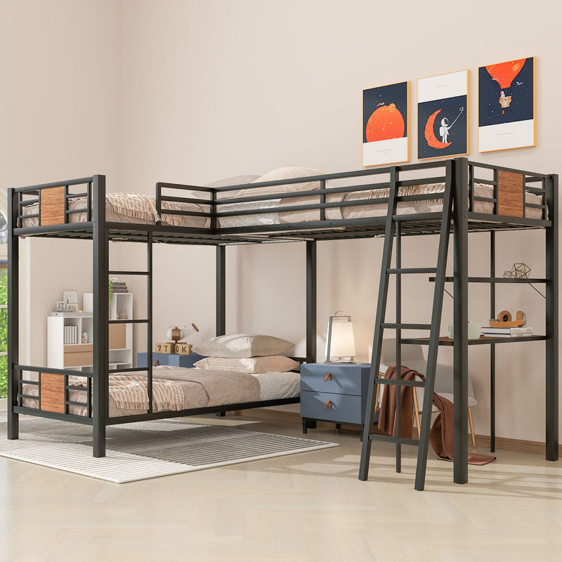 L-Shaped Twin Over Twin Bunk Bed With Twin Size Loft Bed With Desk And Shelf - Brown