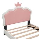 Twin Size Upholstered Princess Bed & Crown Headboard, Platform Bed With Headboard And Footboard - White / Pink
