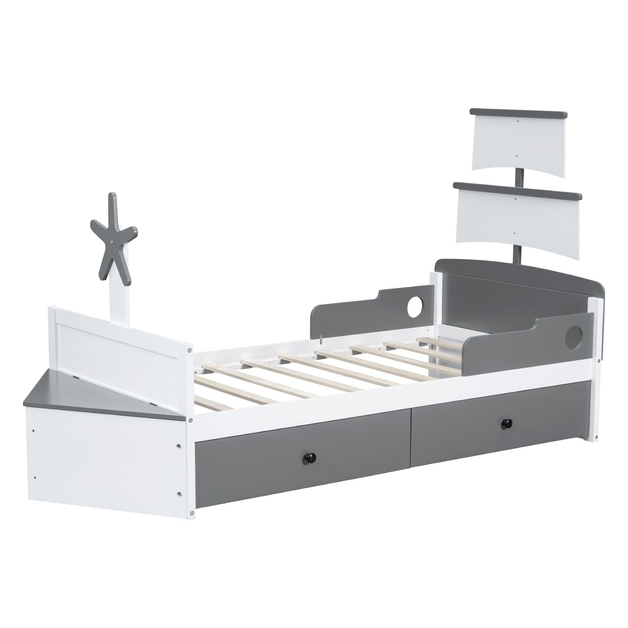 Twin Size Boat-Shaped Platform Bed with 2 Drawers,Twin Bed with Storage for Bedroom,Gray - Atlantic Fine Furniture Melbourne FL