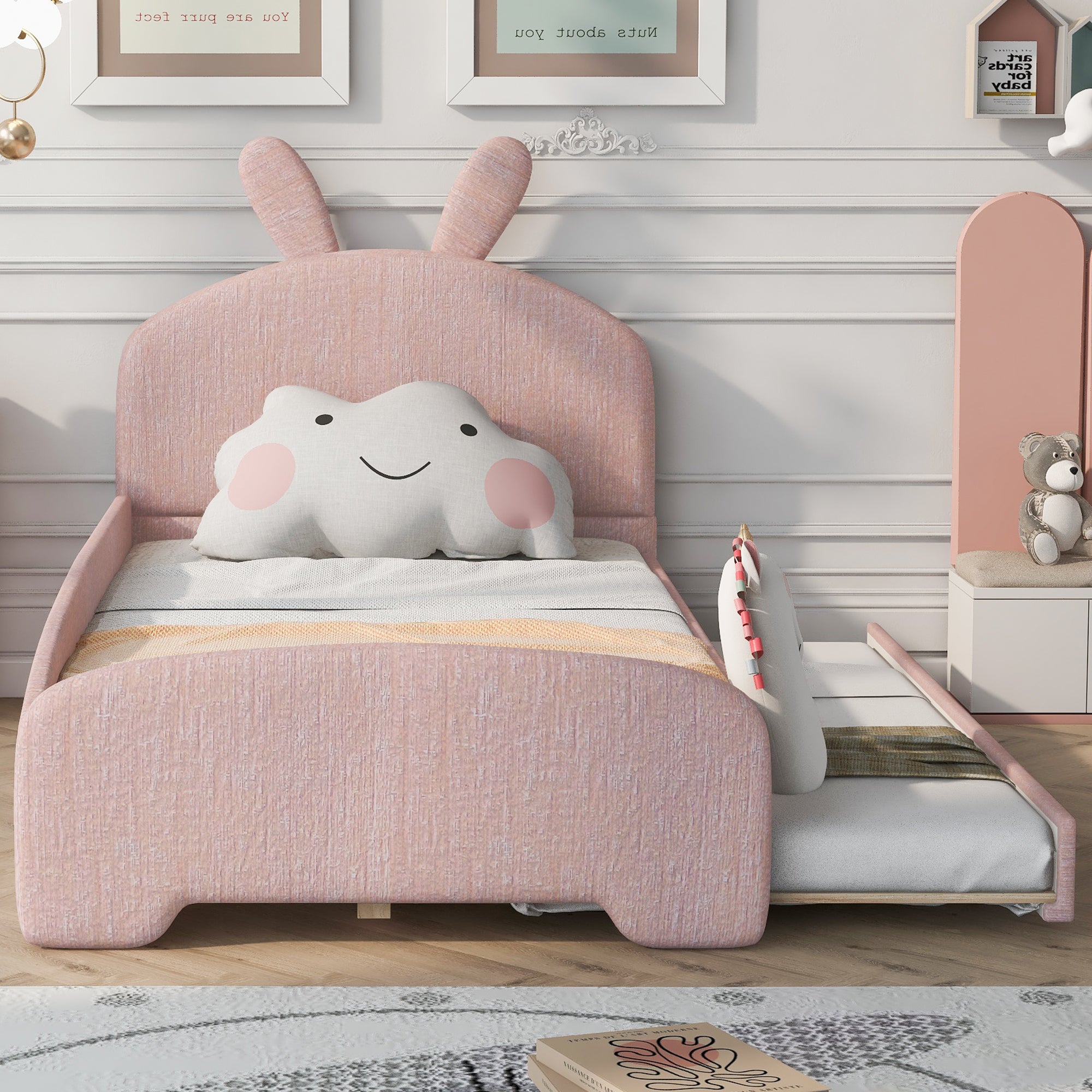 Twin Size Upholstered Platform Bed with Cartoon Ears Shaped Headboard and Trundle, Pink - Atlantic Fine Furniture Melbourne FL