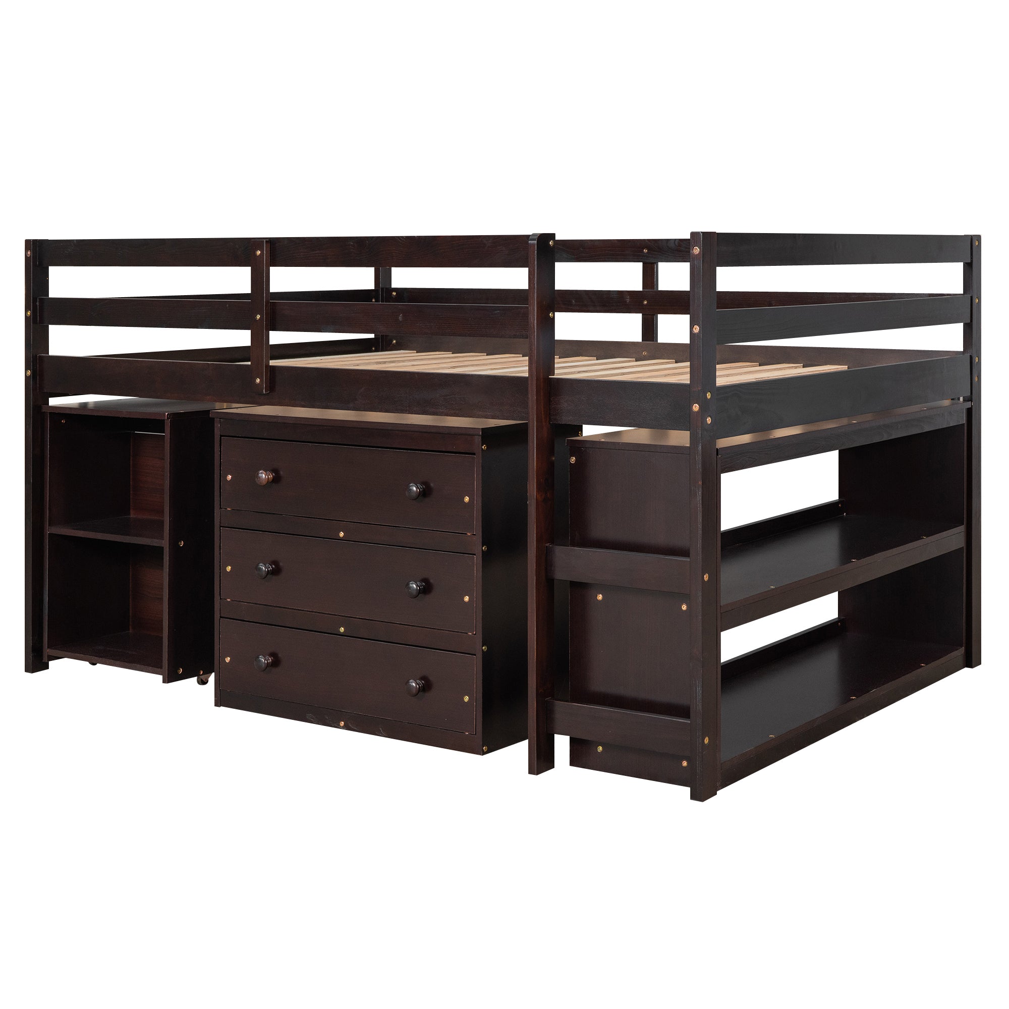 Low Study Full Loft Bed with Cabinet ,Shelves and Rolling Portable Desk ,Multiple Functions Bed- Espresso - Atlantic Fine Furniture Melbourne FL