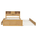 Full Size Wood Pltaform Bed with Twin Size Trundle, 3 Drawers, Upper Shelves and a set of USB Ports & Sockets, Natural