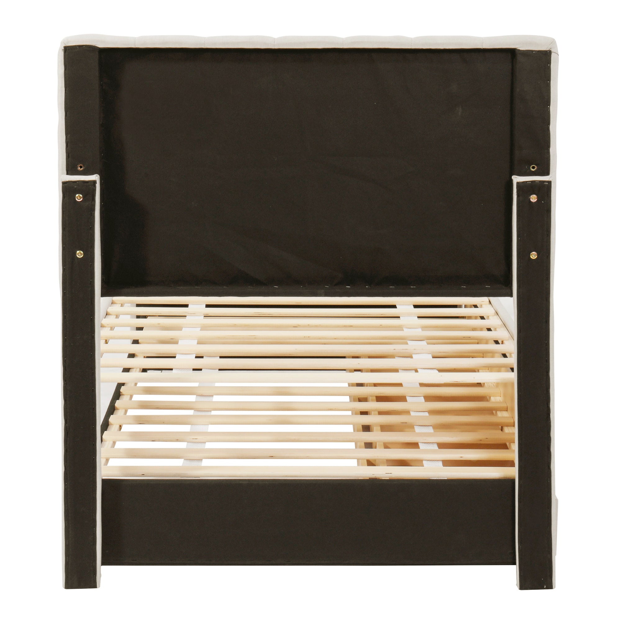 Twin Size Upholstered Platform Bed with Trundle and 3 Drawers, Linen Fabric, Beige - Atlantic Fine Furniture Melbourne FL