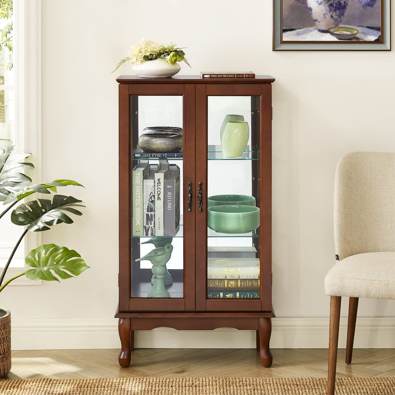 Curio Cabinet Lighted Curio Diapaly Cabinet With Adjustable Shelves And Mirrored Back Panel, Tempered Glass Doors (3 Tier), (E26 Light Bulb Not Included)