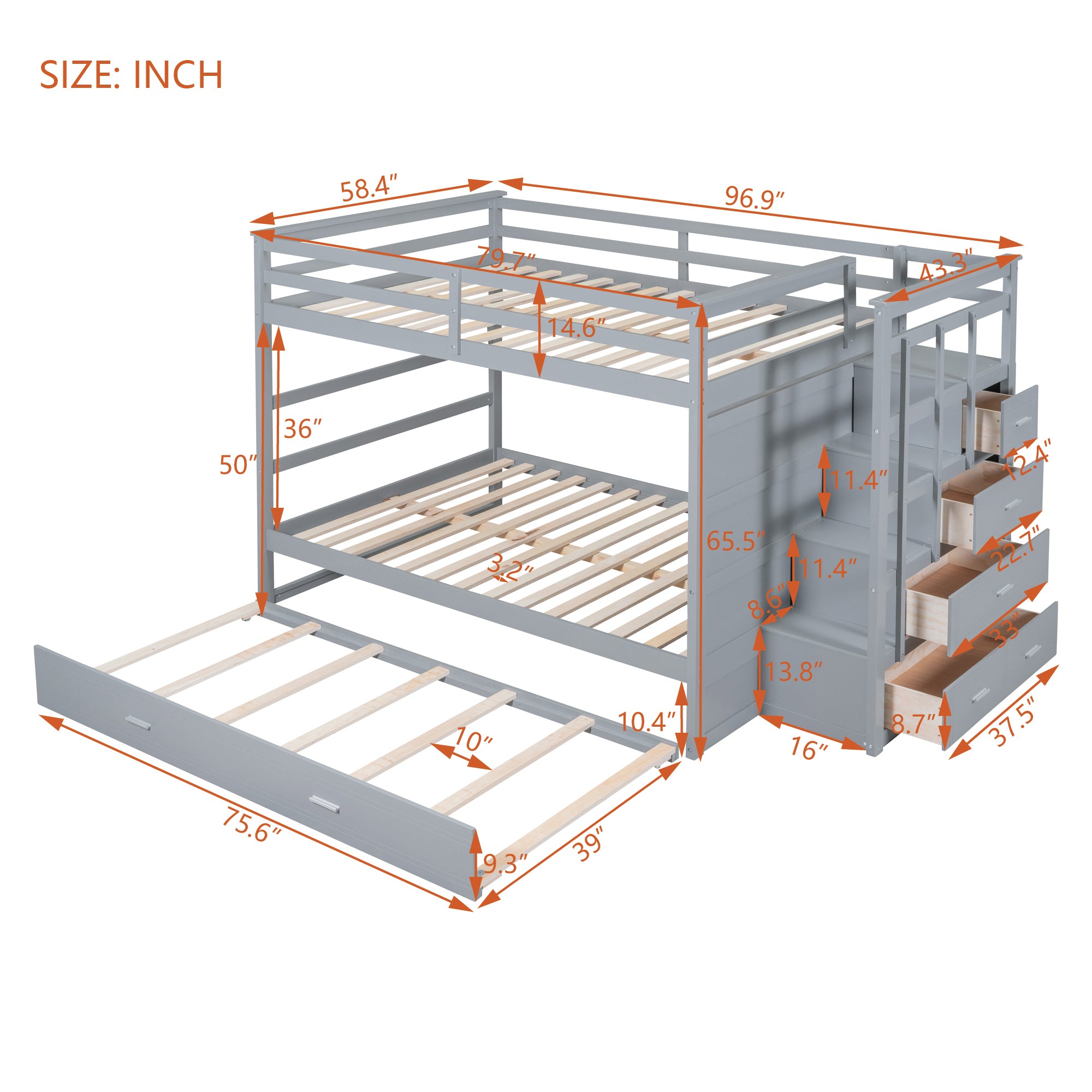 Full Over Full Bunk Bed with Twin Size Trundle and Staircase, Gray - Atlantic Fine Furniture Melbourne FL
