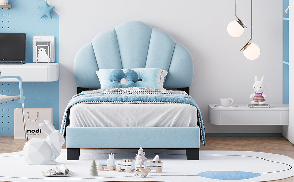 Twin Size Upholstered Velvet Platform Bed with Shell-Shaped Headboard, Blue - Atlantic Fine Furniture Melbourne FL