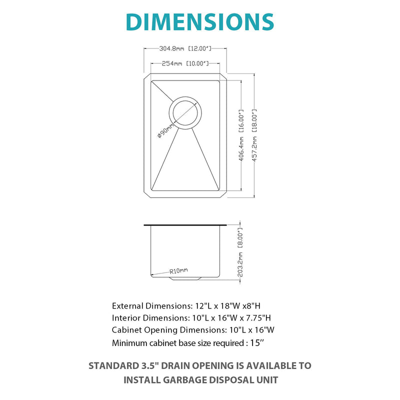 12" Undermount Kitchen Sink, Deep Single Bowl - Brushed Nickel