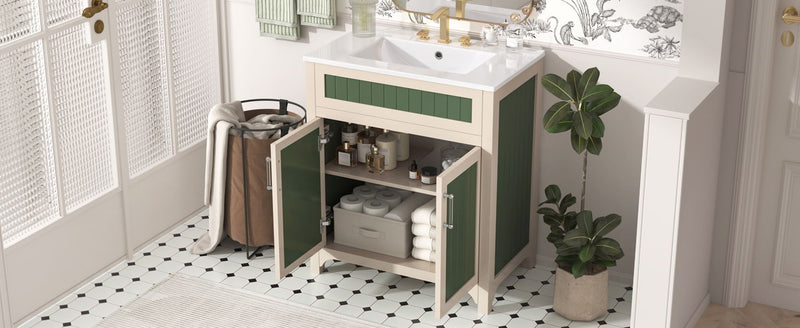 Bathroom Vanity Cabinet With Ceramic Sink Combo Set, Frame Modern Bathroom Storage Cabinet With Height Adjustable Shelf - Beige / Green