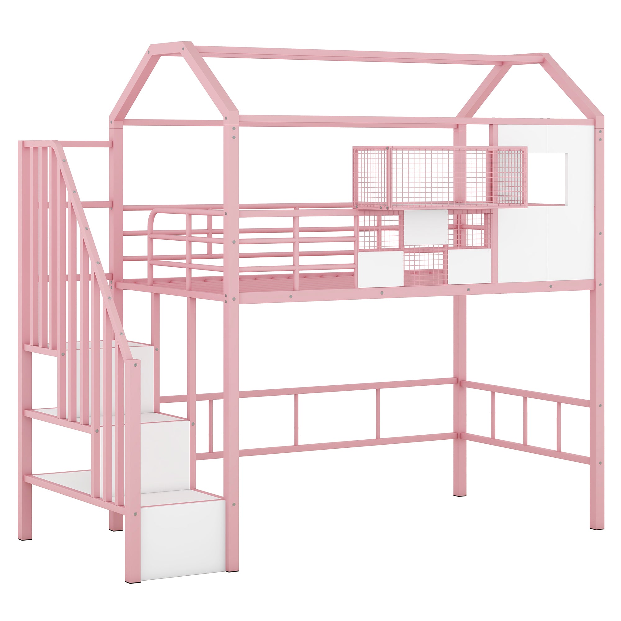 Metal Loft Bed with roof design and a storage box, Twin, Pink - Atlantic Fine Furniture Melbourne FL