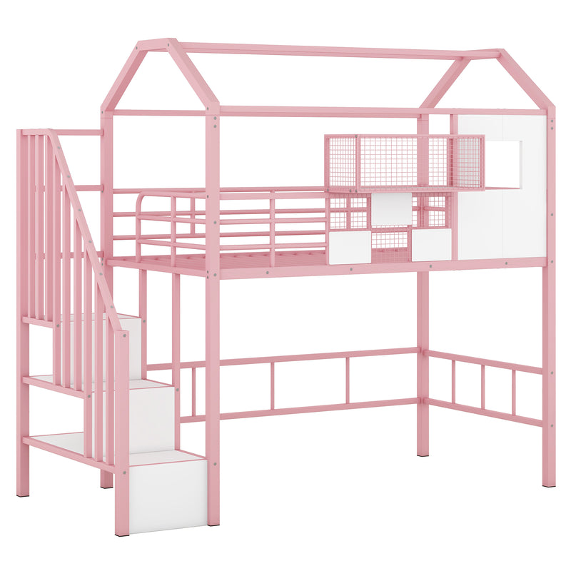 Metal Loft Bed with roof design and a storage box, Twin, Pink