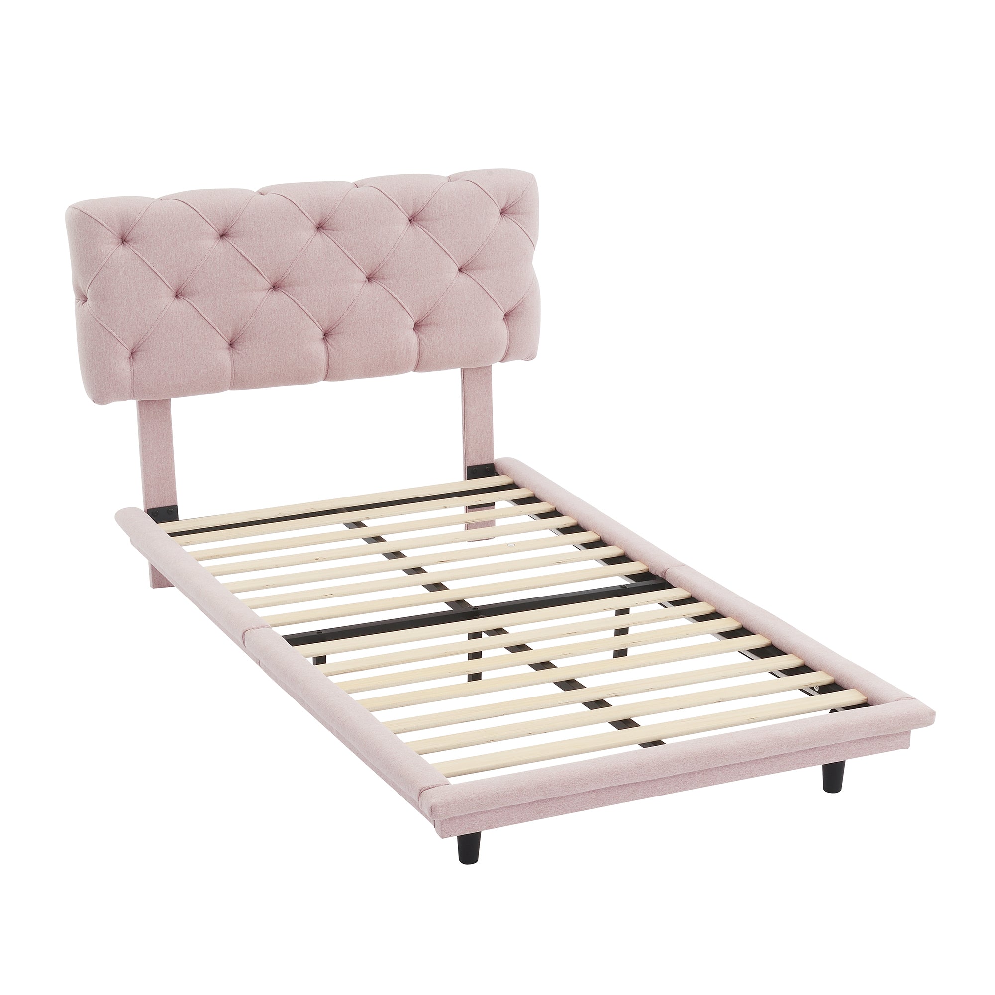 Twin Size Upholstered Bed with Light Stripe, Floating Platform Bed, Linen Fabric,Pink - Atlantic Fine Furniture Melbourne FL