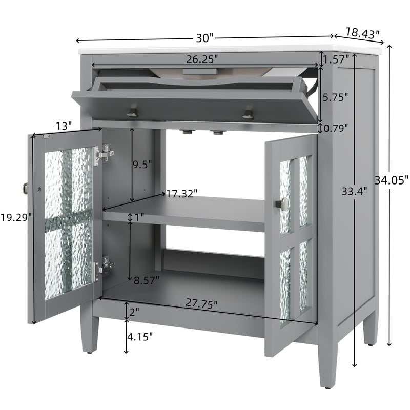 Bathroom Vanity With Ceramic Sink, Adjustable Shelf & Tip Out Tray