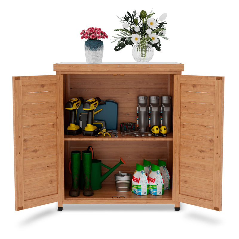 Rustic Cedar Potting Bench With Storage Cabinet And Metal Table Top For Outdoor Patio - Light Brown