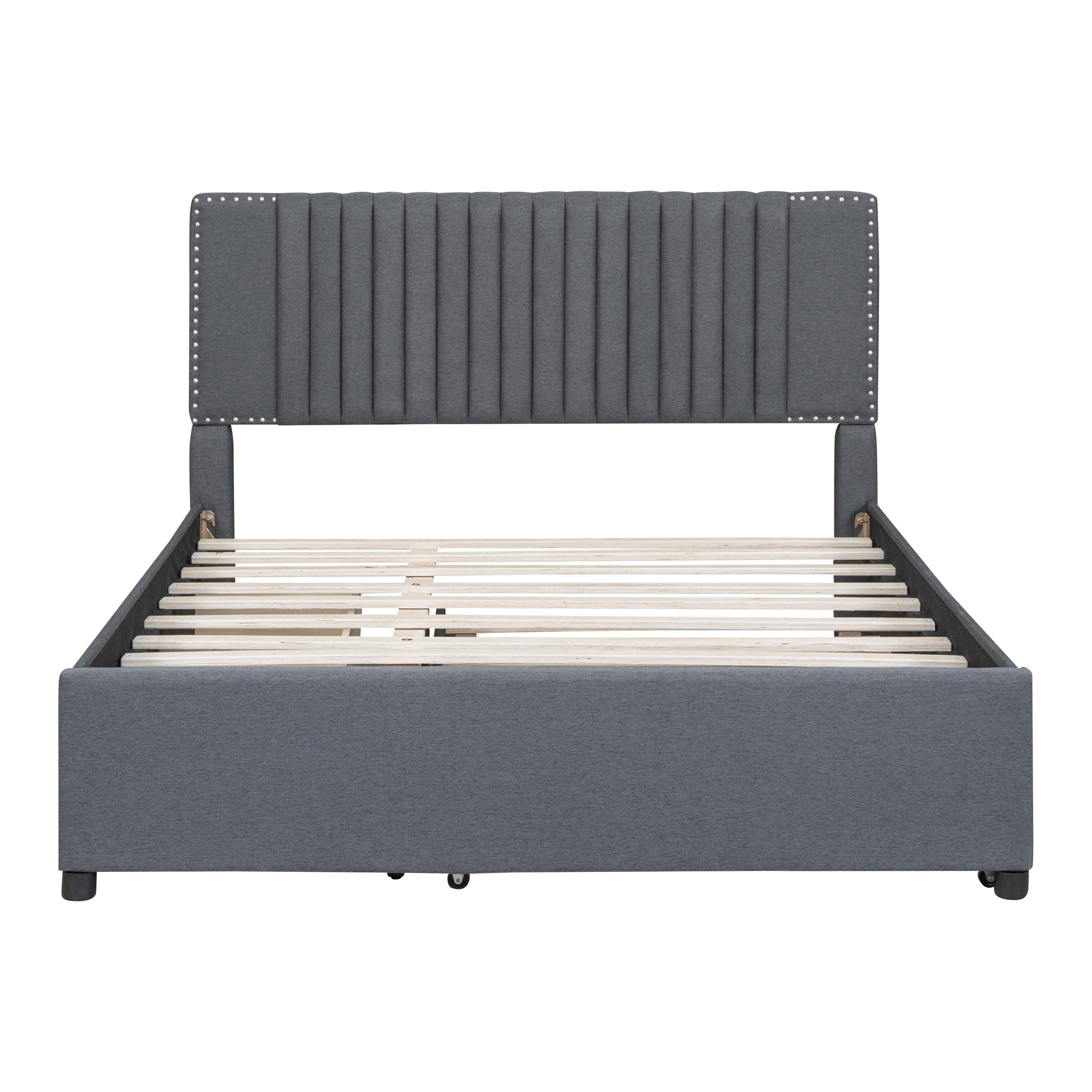 Queen Size Upholstered Platform Bed with 2 Drawers and 1 Twin XL Trundle, Classic Headboard Design, Gray - Atlantic Fine Furniture Melbourne FL