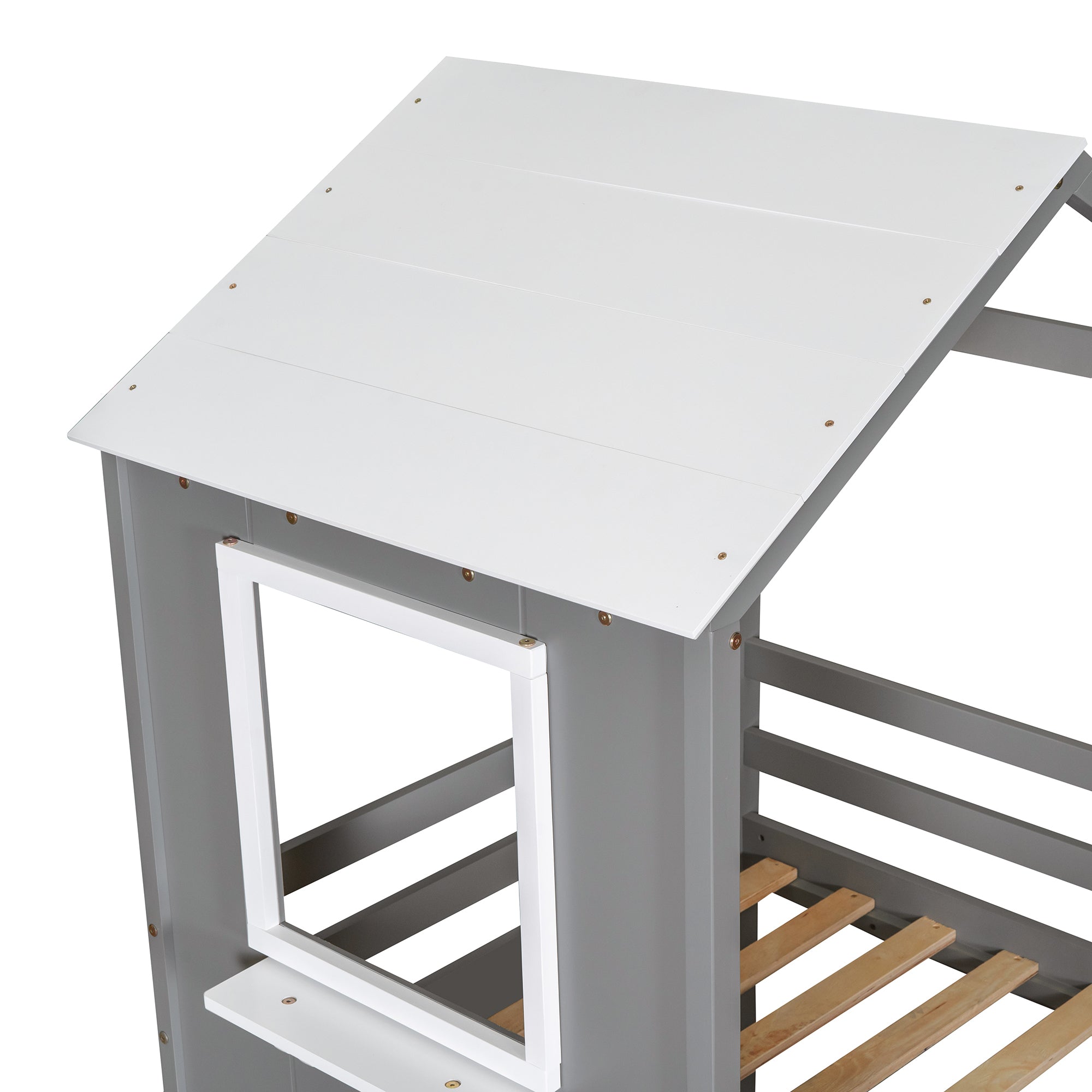 Twin Over Twin Bunk Bed Wood Bed with Roof, Window, Guardrail, Ladder (White) - Atlantic Fine Furniture Melbourne FL