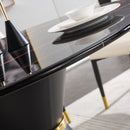 Marble Printed Round Dining Table - Black Columnar Base With Gold Annulus Not Including Chairs - Black