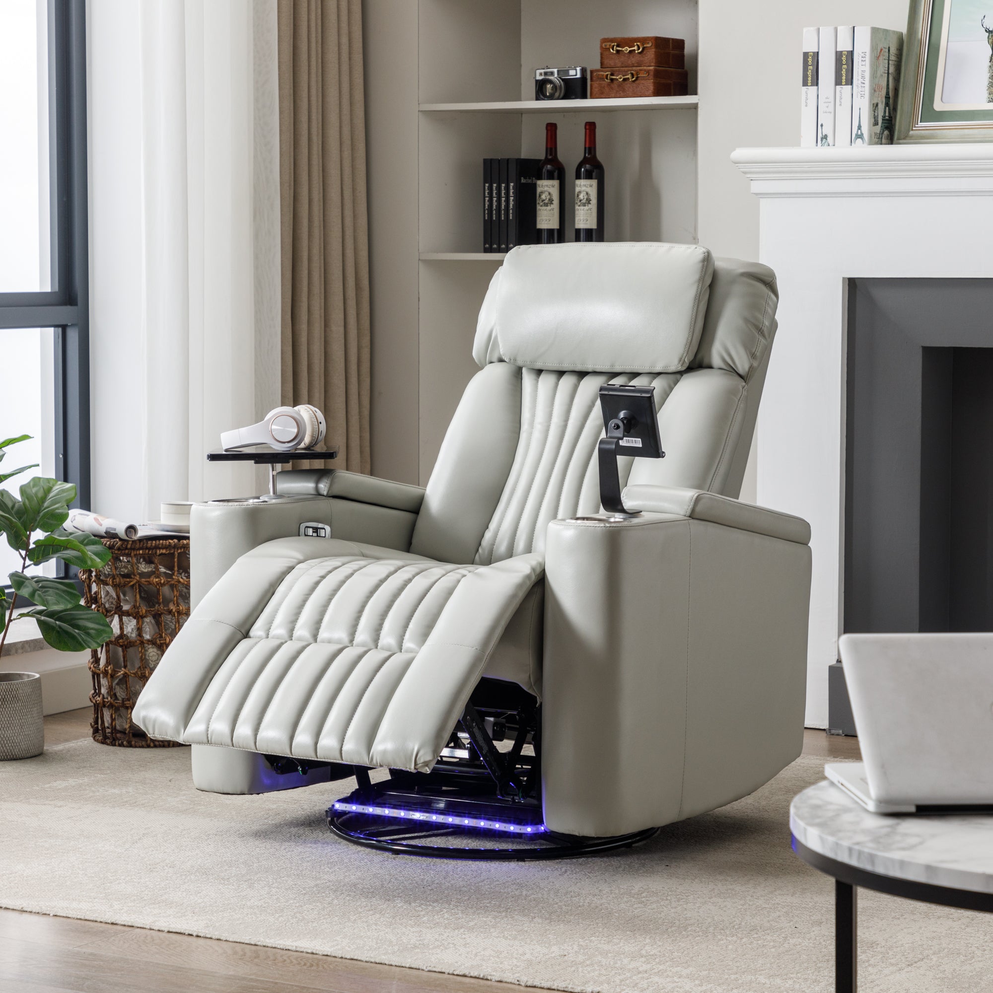 270� Power Swivel Recliner,Home Theater Seating With Hidden Arm Storage and  LED Light Strip,Cup Holder,360� Swivel Tray Table,and Cell Phone Holder,Soft Living Room Chair (Old SKU:SG000750AAE),Grey - Atlantic Fine Furniture Melbourne FL
