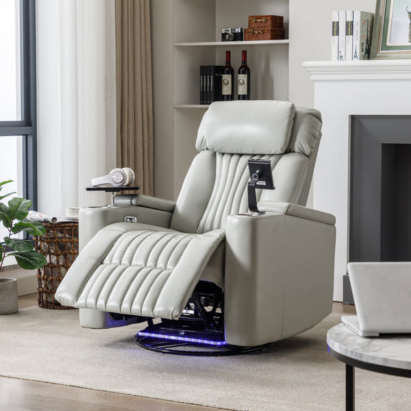 270° Power Swivel Recliner,Home Theater Seating With Hidden Arm Storage and  LED Light Strip,Cup Holder,360° Swivel Tray Table,and Cell Phone Holder,Soft Living Room Chair (Old SKU:SG000750AAE),Grey