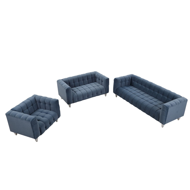 Modern 3 Piece Sofa Set With Solid Wood Legs, Buttoned Tufted Backrest, Dutch Fleece Upholstered Sofa Set Including Three Seater Sofa, Double Seat And Living Room Furniture Set Single Chair