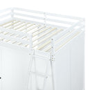 Full Size Loft Bed with Wardrobe and Desk and Shelves, White
