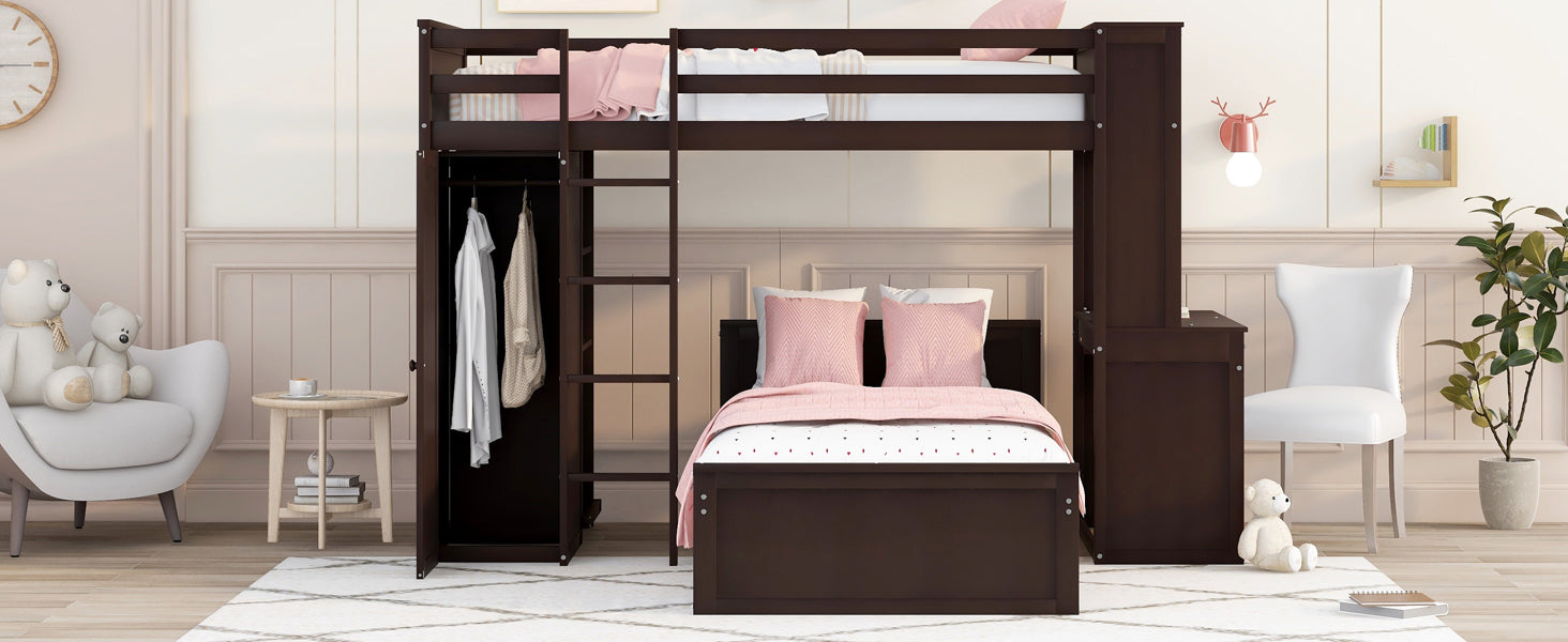 Twin size Loft Bed with a Stand-alone bed, Shelves,Desk,and Wardrobe-Espresso - Atlantic Fine Furniture Melbourne FL