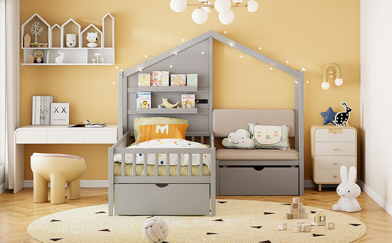 House Bed With Upholstered Sofa, Wireless Charging Station, Shelves And 2 Drawers