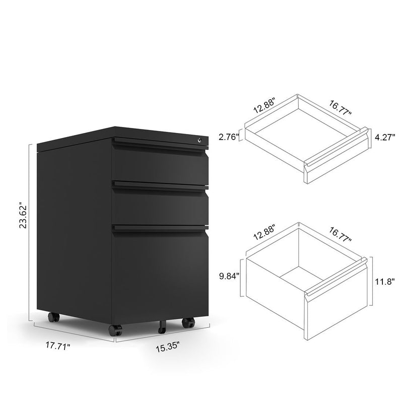 3 Drawer Mobile File Cabinet With Lock, Office Storage Filing Cabinet For Legal / Letter Size Metal File Cabinet Except Wheels Under Desk