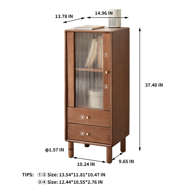 Free-Standing Corner Cabinets Storage Table With Vintage Glass Door, 2 Shelves, 2 Drawers And Brass Handle - Walnut