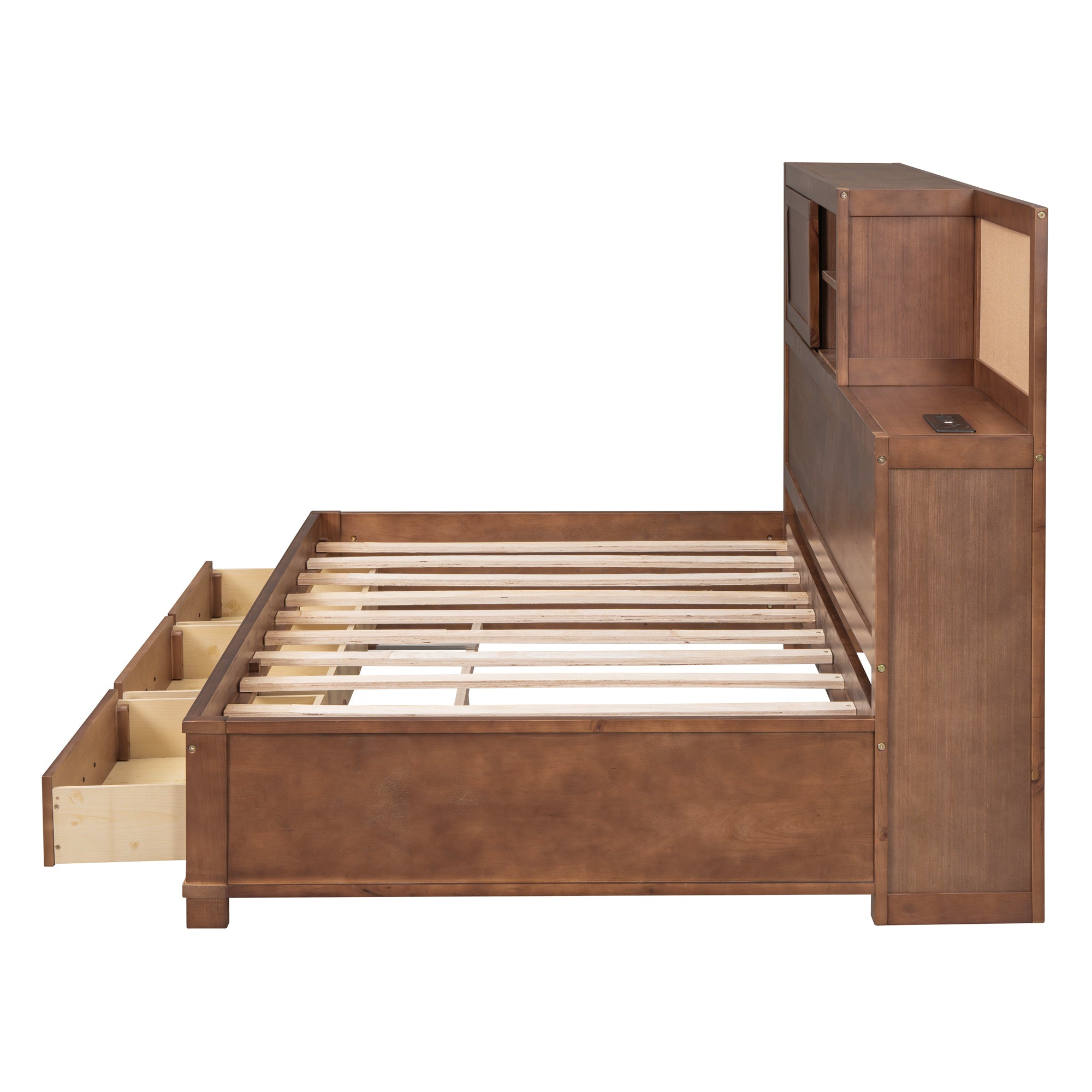 Twin Size Wooden Daybed with 3 Storage Drawers, Upper Soft Board, shelf, and a set of Sockets and USB Ports, Brown - Atlantic Fine Furniture Melbourne FL