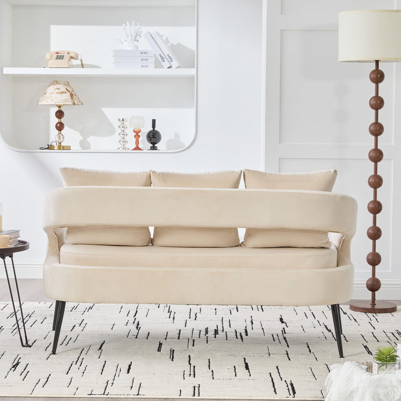 Open Back Loveseat Settee With 3 Pillows - Beige