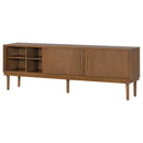 TV Stand With Vertical Slatted Doors And Sliding Panels, Solid Wood Legs - Brown