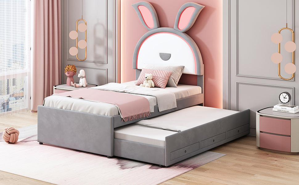 Twin Size Upholstered Platform Bed with Trundle and 3 Drawers, Rabbit-Shaped Headboard with Embedded LED Lights, Gray - Atlantic Fine Furniture Melbourne FL