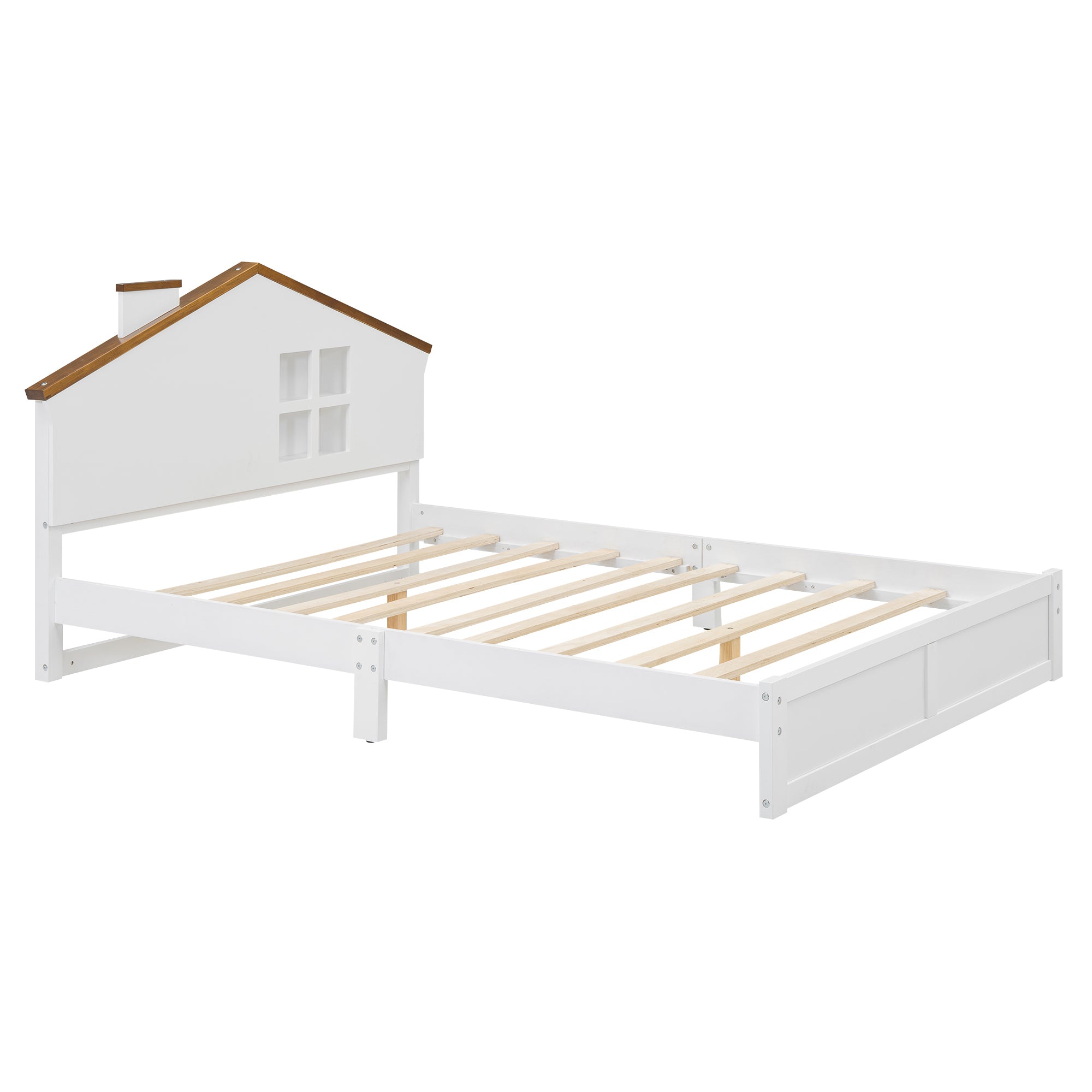 Full Size Wood Platform Bed with House-shaped Headboard and Built-in LED, Walnut+White - Atlantic Fine Furniture Melbourne FL