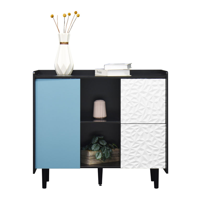 Modern Sideboard Buffet Cabinet With Red Doors And Unique Panel Styling