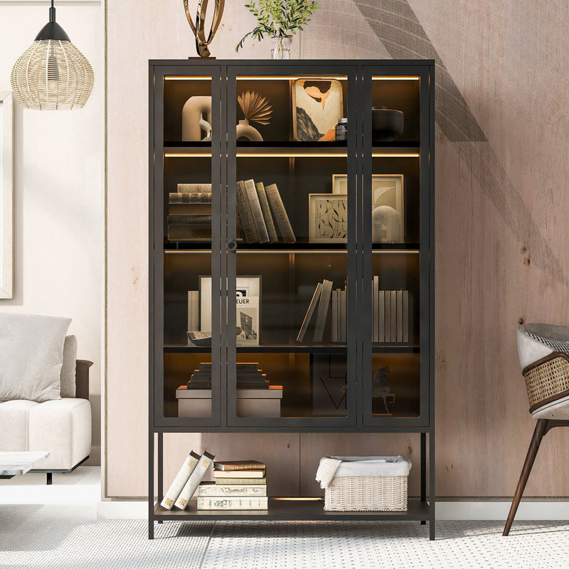 Modern Steel Display Cabinet With LED Lights And Glass Door For Home Or Workspace - Black