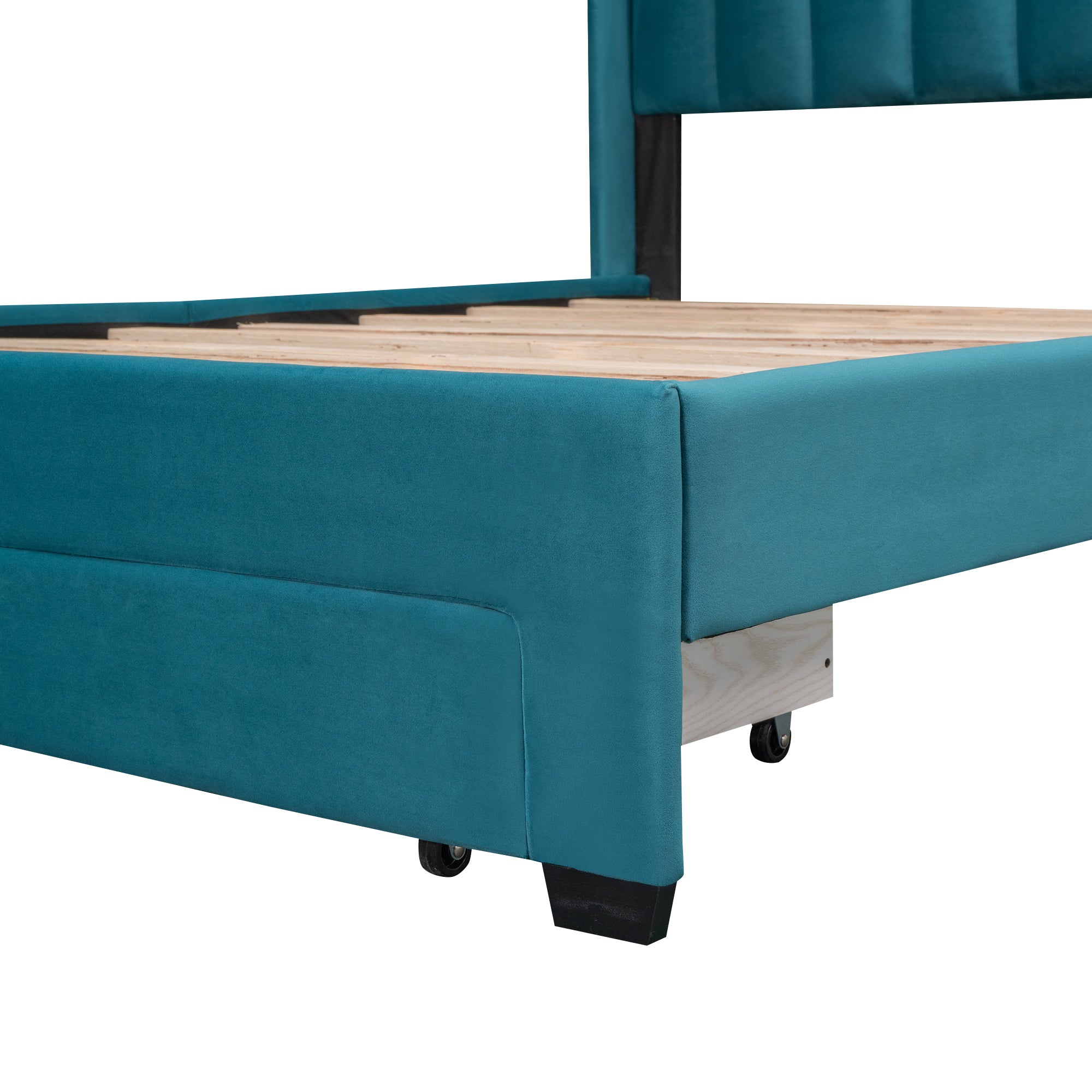 Queen Size Storage Bed Velvet Upholstered Platform Bed with a Big Drawer - Blue - Atlantic Fine Furniture Melbourne FL