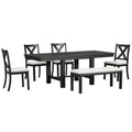 Topmax - 6 Piece Farmhouse Extendable Dining Table With Footrest, 4 Upholstered Dining Chairs And Dining Bench, Two 11" Removable Leaf