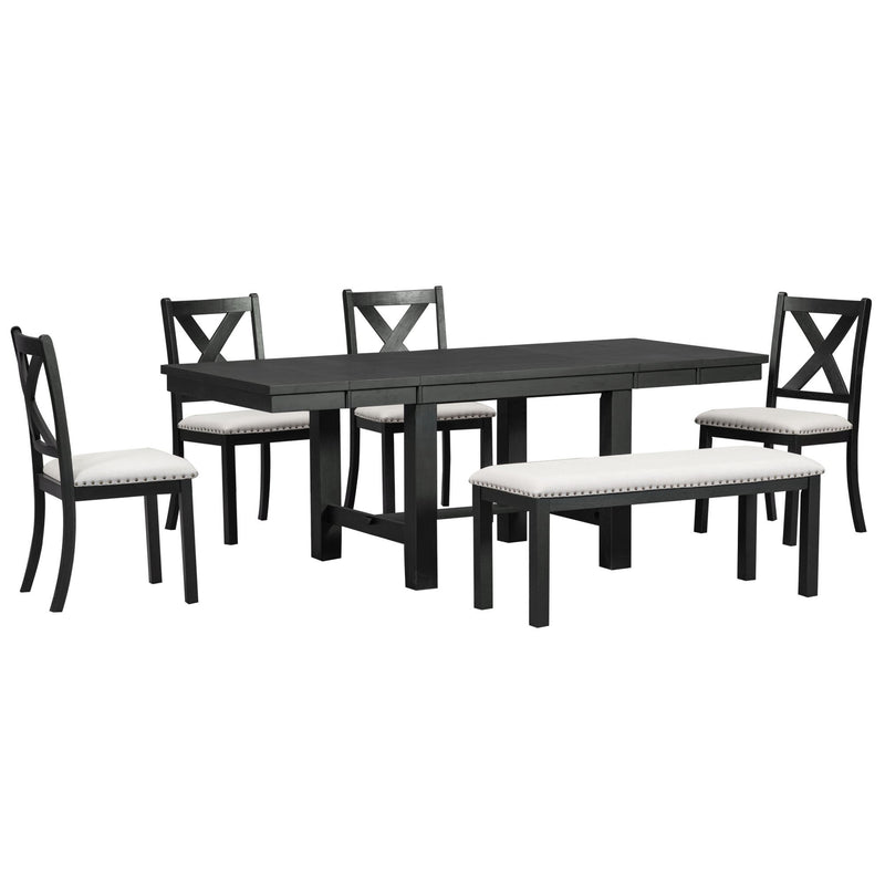 Topmax - 6 Piece Farmhouse Extendable Dining Table With Footrest, 4 Upholstered Dining Chairs And Dining Bench, Two 11" Removable Leaf