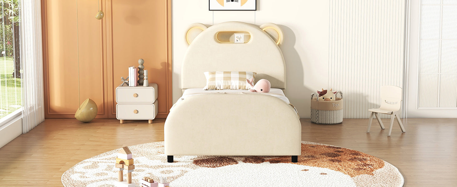 Twin Size Upholstered Platform Bed with Bear-Shaped Headboard and Embedded Light Stripe, Velvet, Beige - Atlantic Fine Furniture Melbourne FL